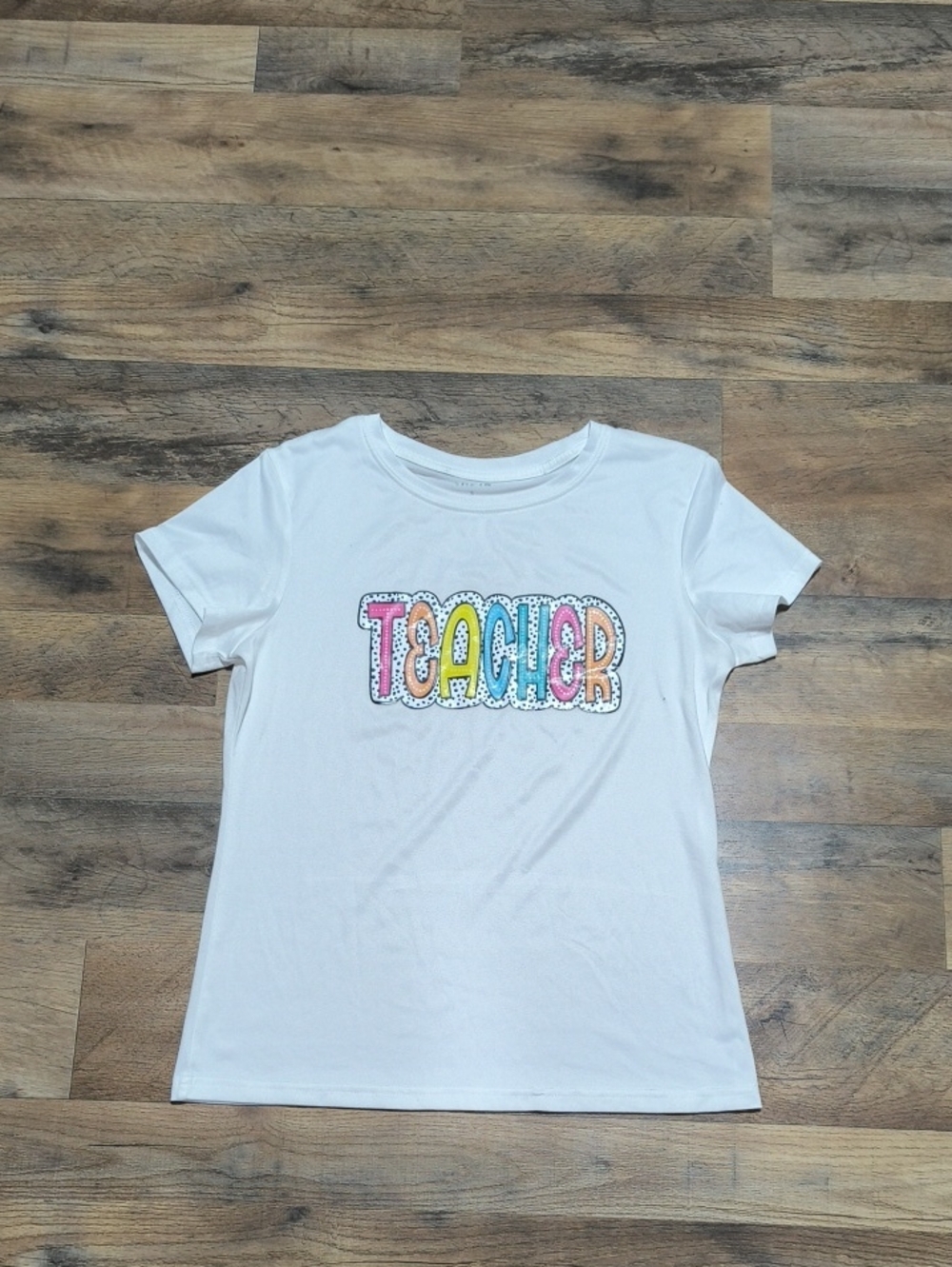 SHEIN White Short Sleeve Tee with Multicolor 'TEACHER' Bubble Letters